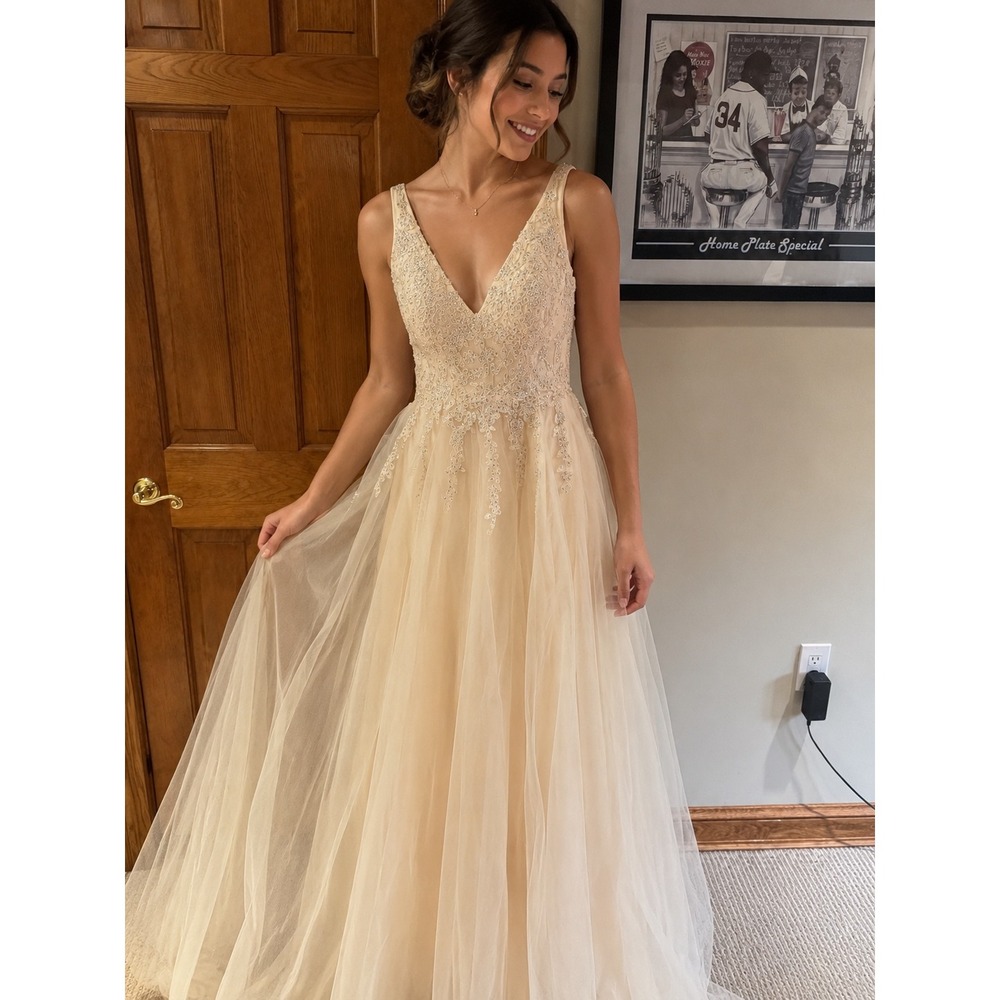Blondie Nites Stacy Sklar Champagne Lace Rhinestone Tulle Prom Formal Dress 7